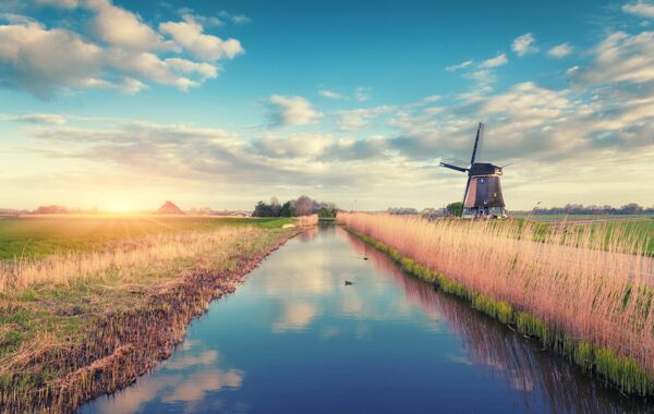 windmills at sunrise rustic spring landscape 12 01